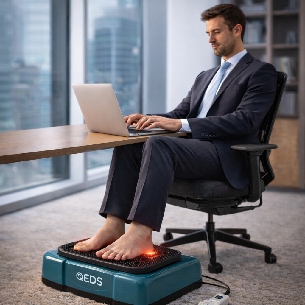 Tiens QEDS ayaq masaj aparatı ev şəraitində istifadə zamanı, ayaqlar üzərində vibrasiya və istilik effekti